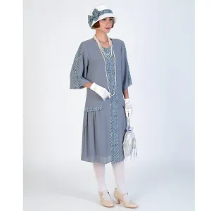 1920s dress of grey chiffon and printed chiffon in blue