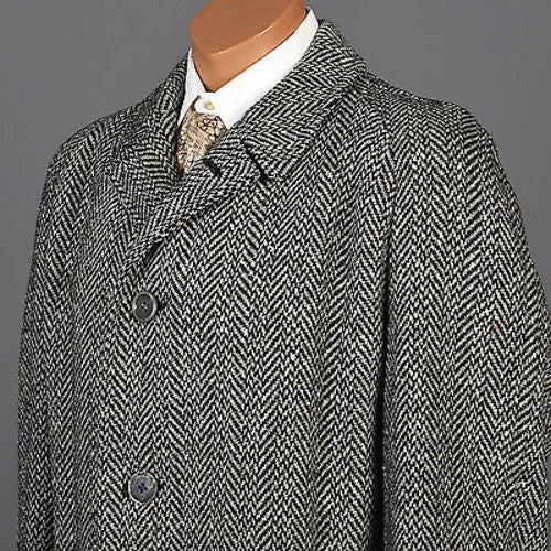 1950 Men's Irish Tweed Overcoat in Black & White Herringbone