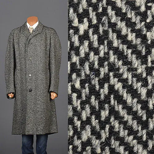 1950 Men's Irish Tweed Overcoat in Black & White Herringbone