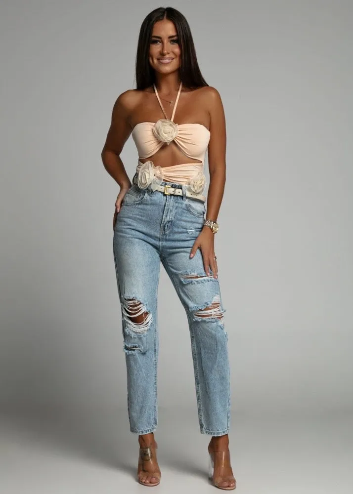 3D Flower Decor Halter Neck Cut-Out Bodysuit