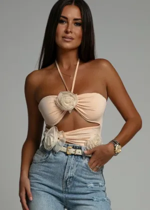 3D Flower Decor Halter Neck Cut-Out Bodysuit