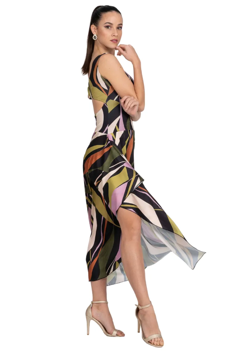 Abstract Print Tie Keyhole Back Tango Dress With Side Draping