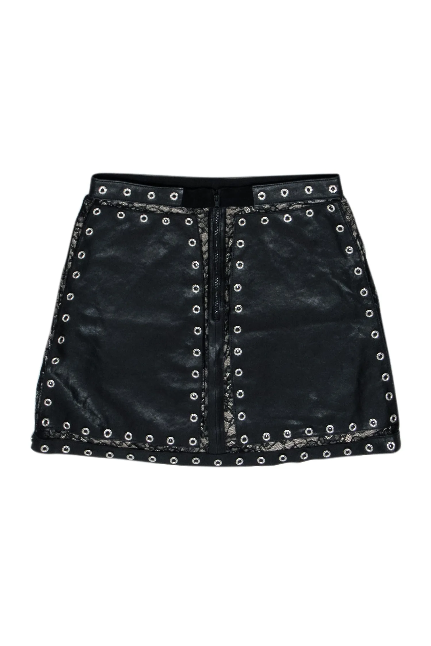 Alice & Olivia - Black Leather & Lace Grommet Detail Skirt Sz 10