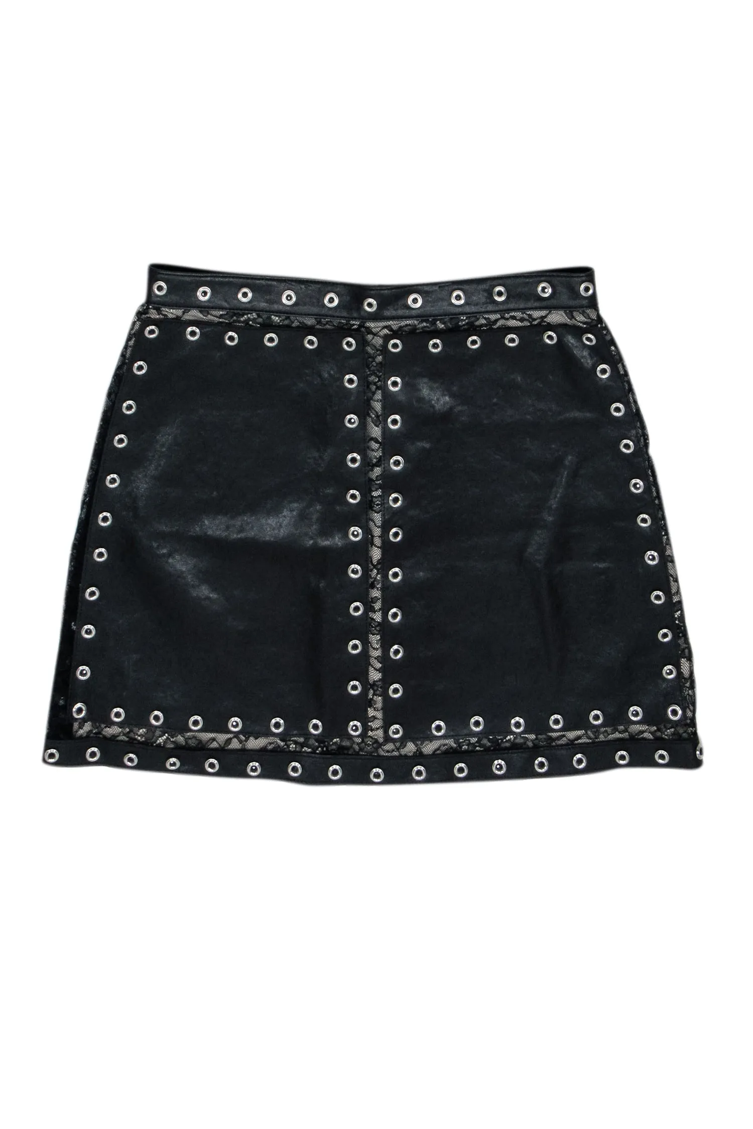 Alice & Olivia - Black Leather & Lace Grommet Detail Skirt Sz 10