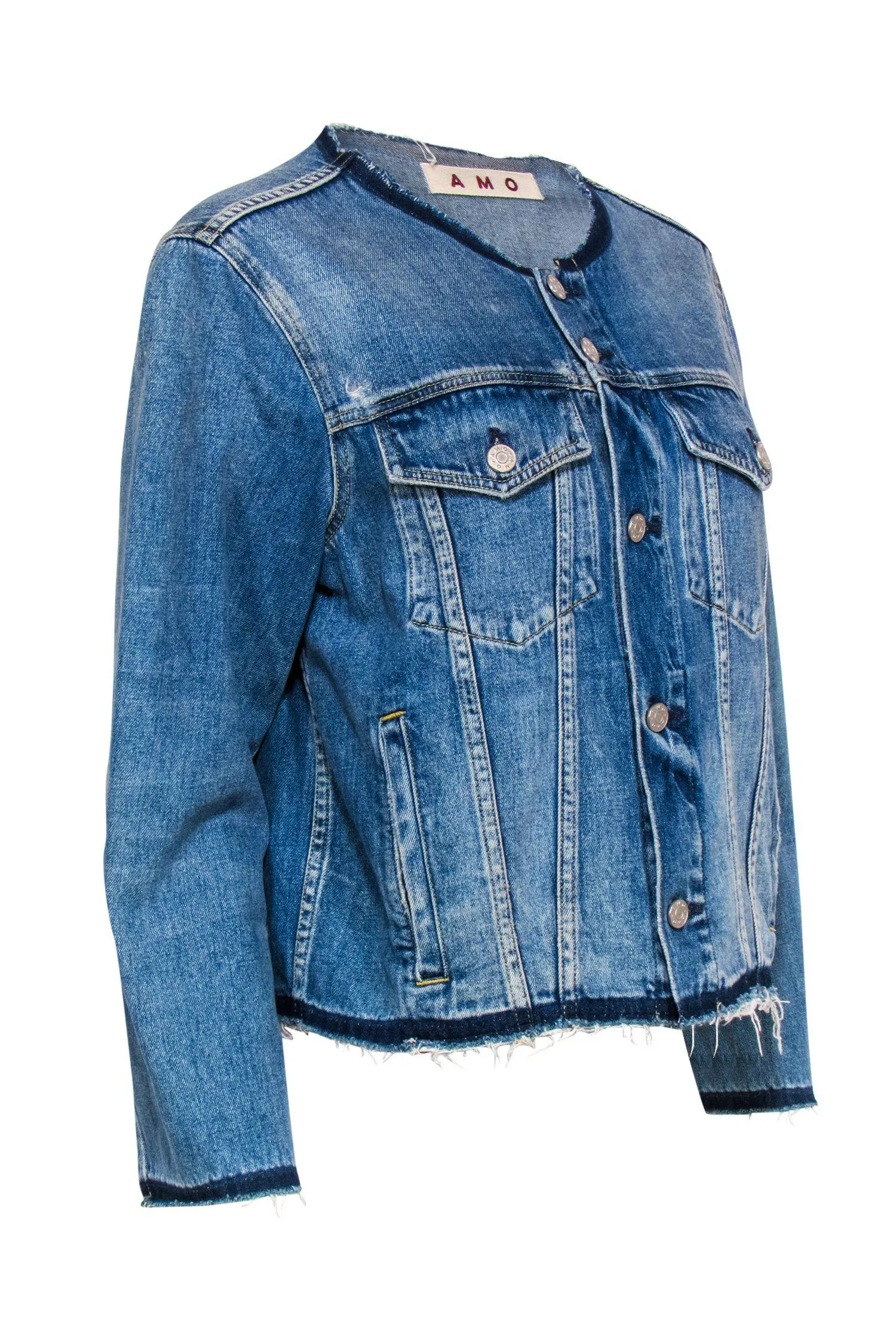 AMO - Medium Wash Distressed Button-Up Denim Jacket Sz L