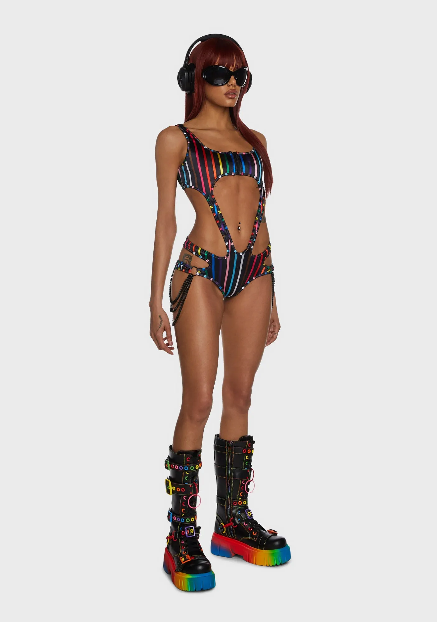 Atomic Bliss Cut-Out Bodysuit - Black/Rainbow