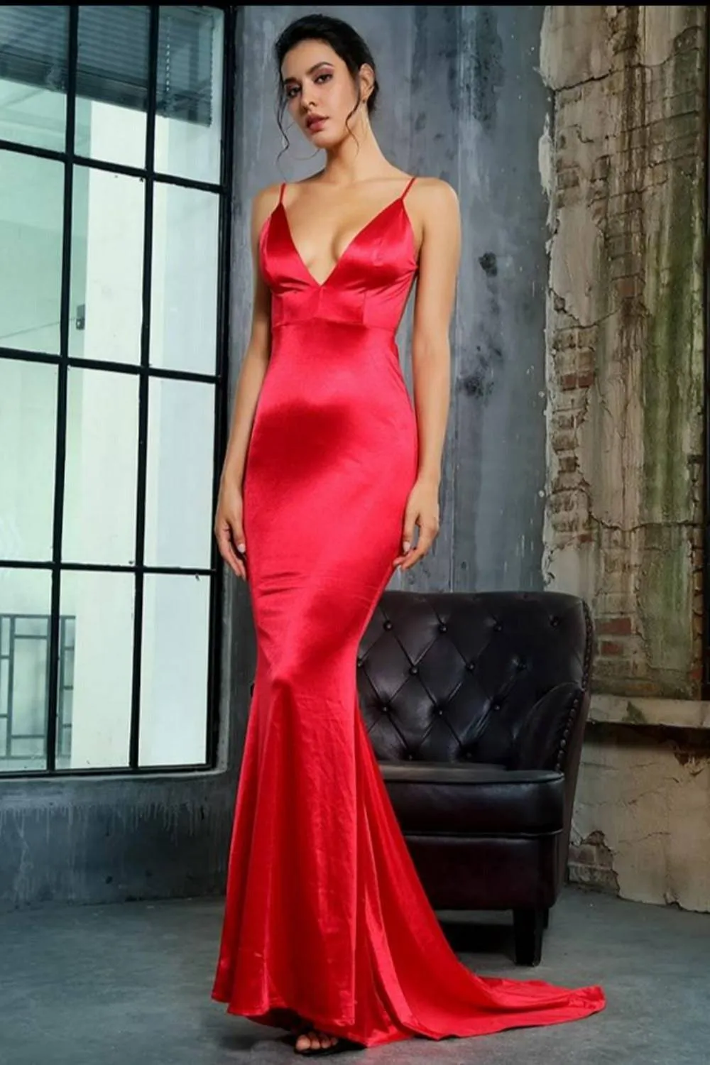 Backless Maxi Satin Dress In Red