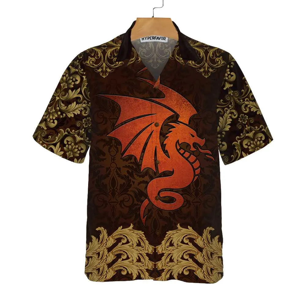 Baroque Dark Brown Dragon Hawaiian Shirt, Vintage Pattern Dragon Shirt