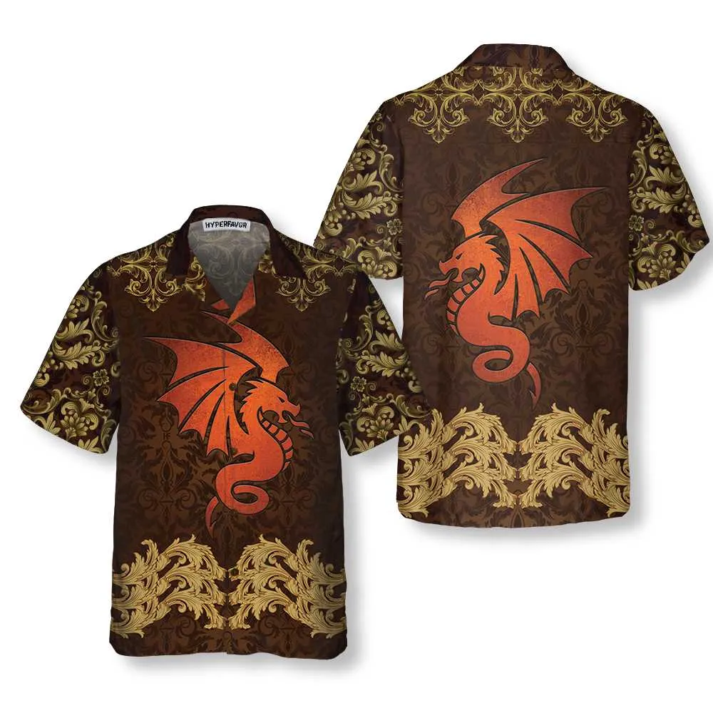 Baroque Dark Brown Dragon Hawaiian Shirt, Vintage Pattern Dragon Shirt