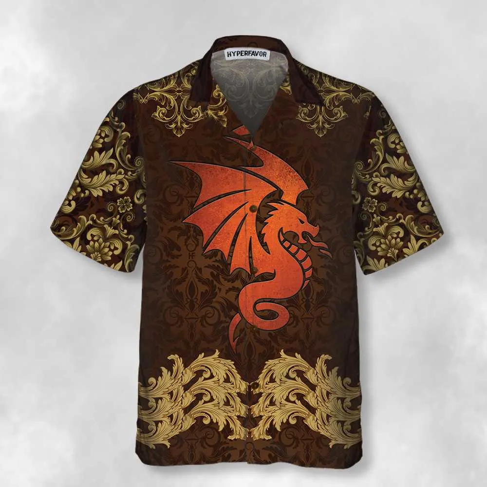 Baroque Dark Brown Dragon Hawaiian Shirt, Vintage Pattern Dragon Shirt