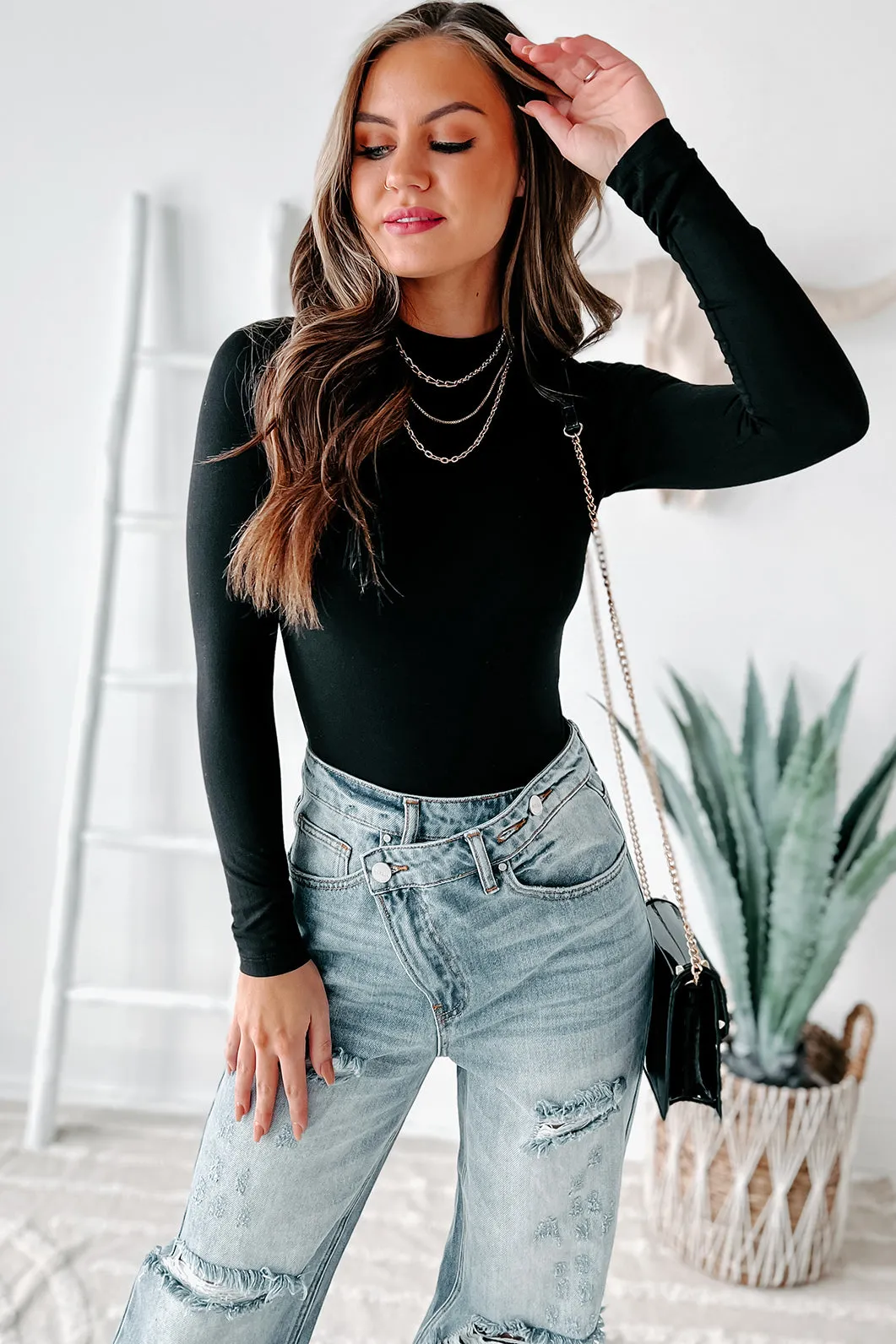 Basic Beauty Mock Neck Long Sleeve Bodysuit (Black)