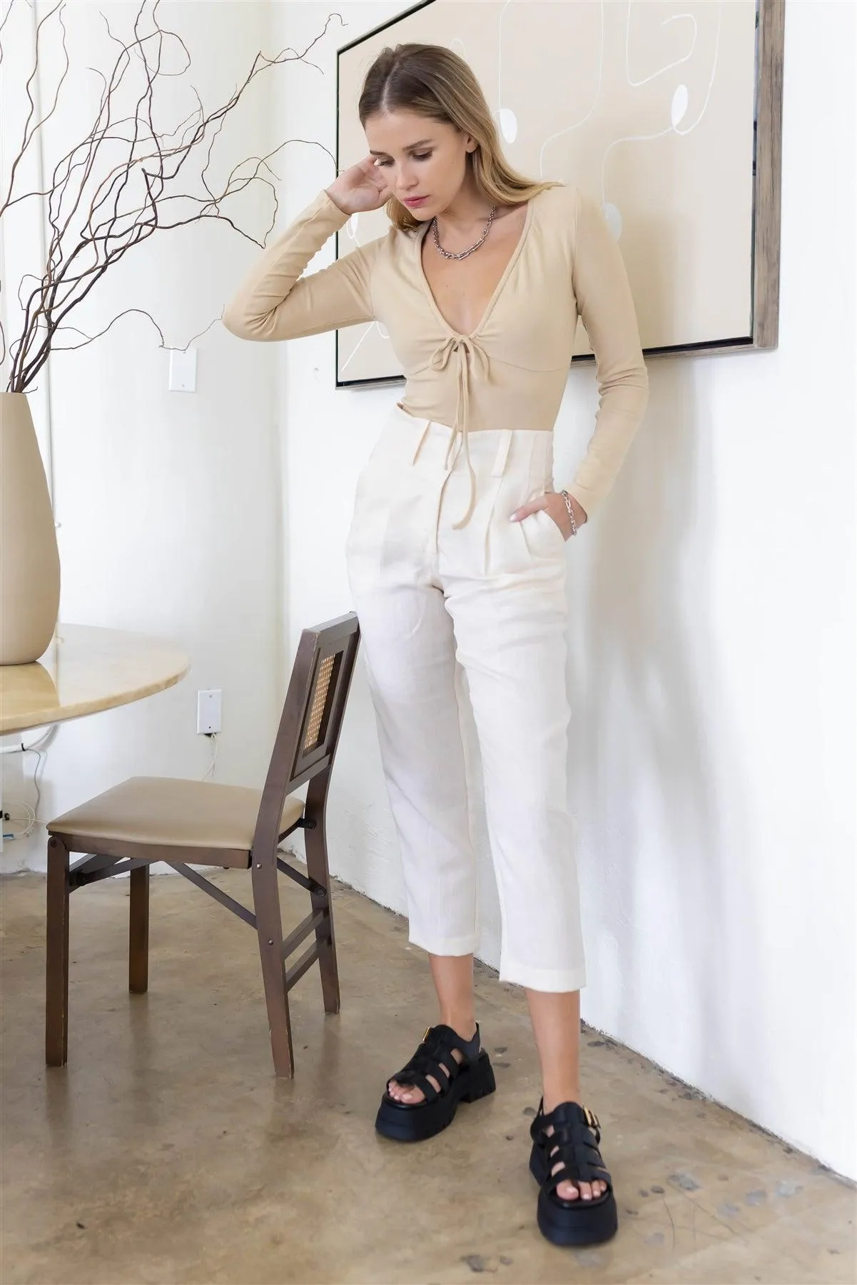 Beige Tie Scoop-Neck Long Sleeve Bodysuit