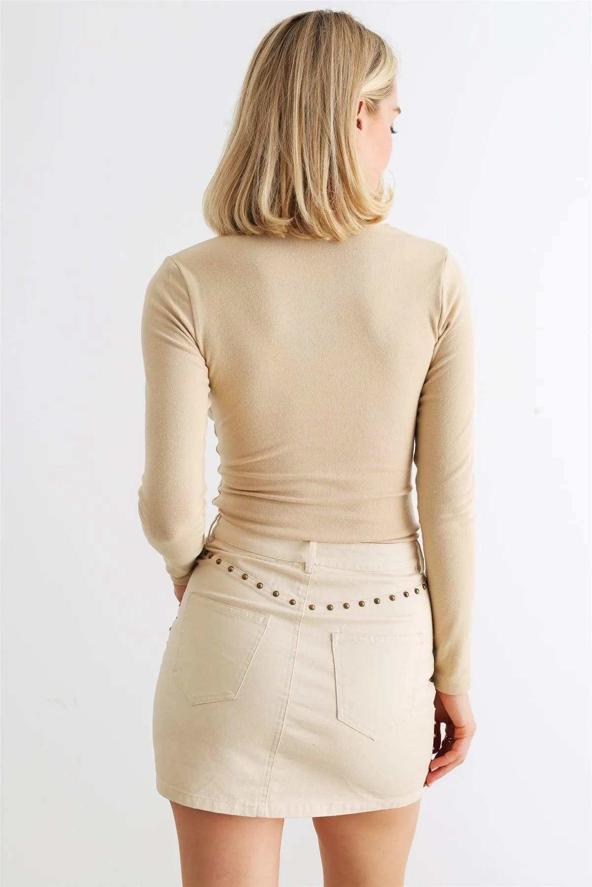 Beige Tie Scoop-Neck Long Sleeve Bodysuit