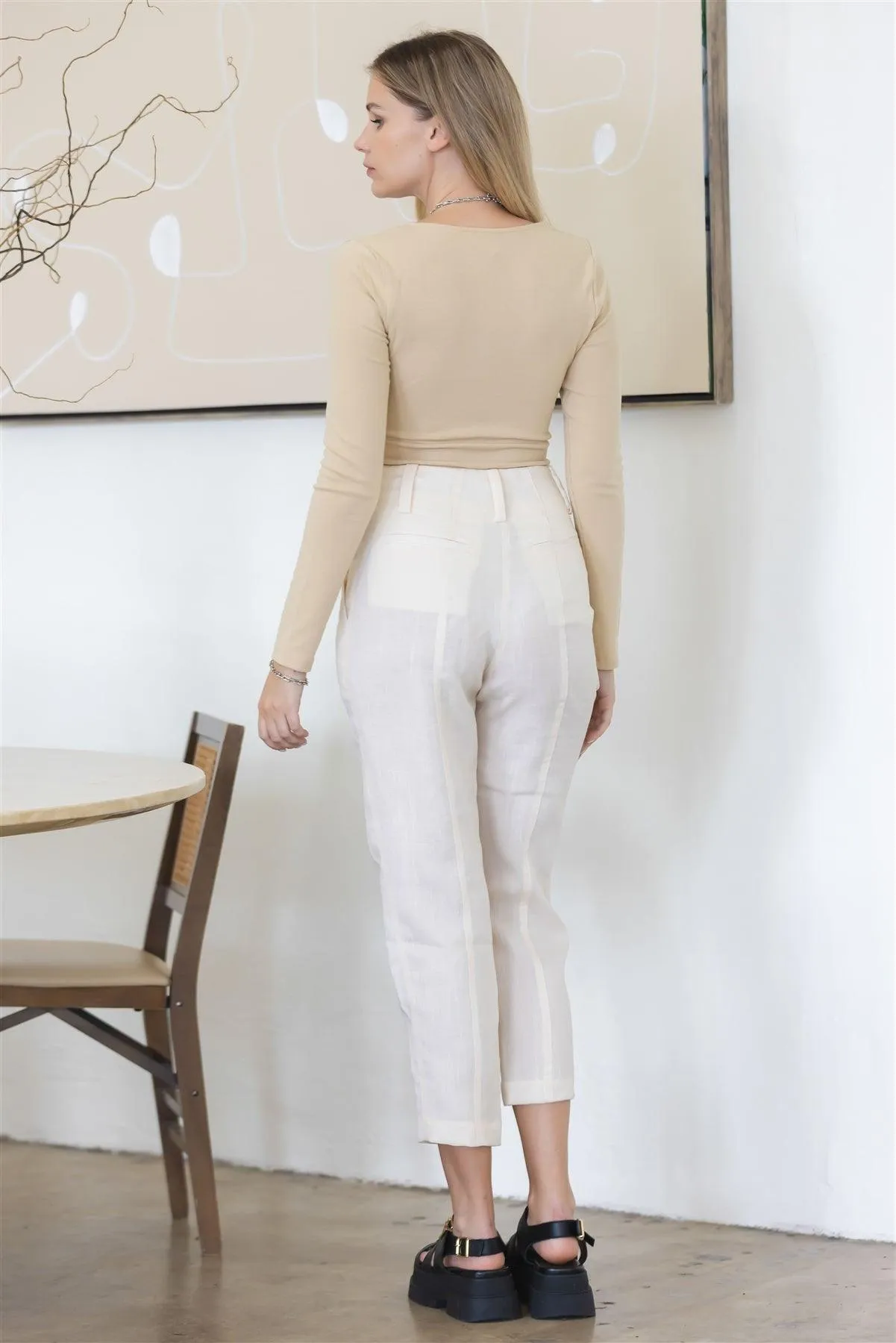 Beige Tie Scoop-Neck Long Sleeve Bodysuit