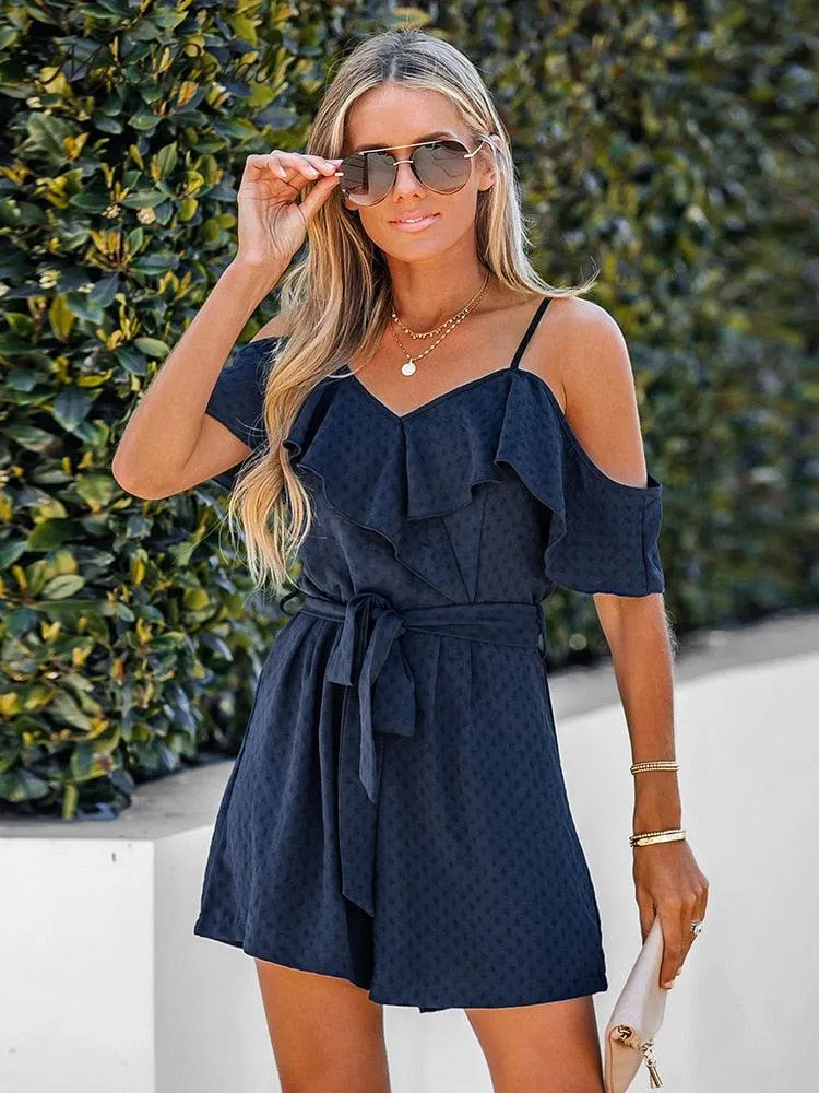 Belted Open Shoulder V-Neck Ruffled Bodysuit Romper
