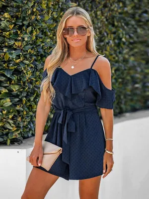 Belted Open Shoulder V-Neck Ruffled Bodysuit Romper