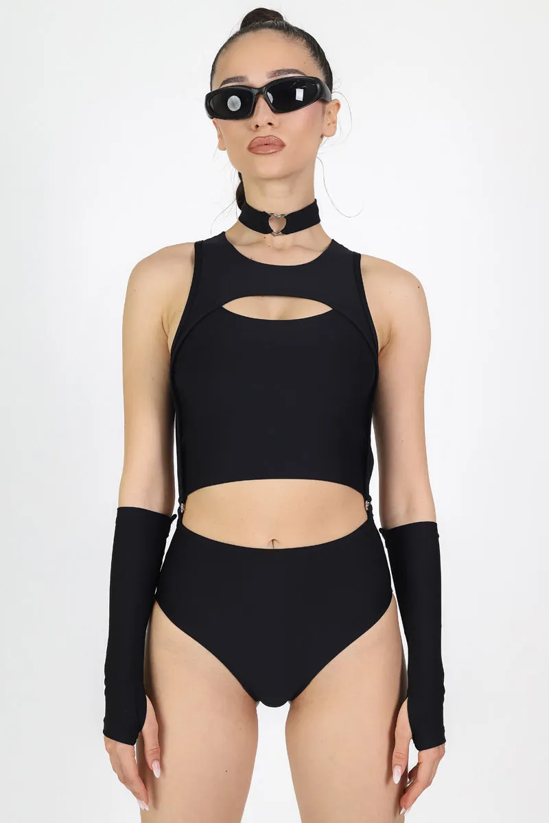 Black 2 Piece Cut Out Bodysuit on Sale