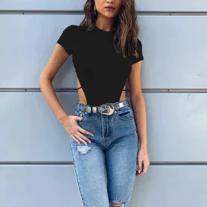 black backless solid  round neck short sleeve Slim bodysuit