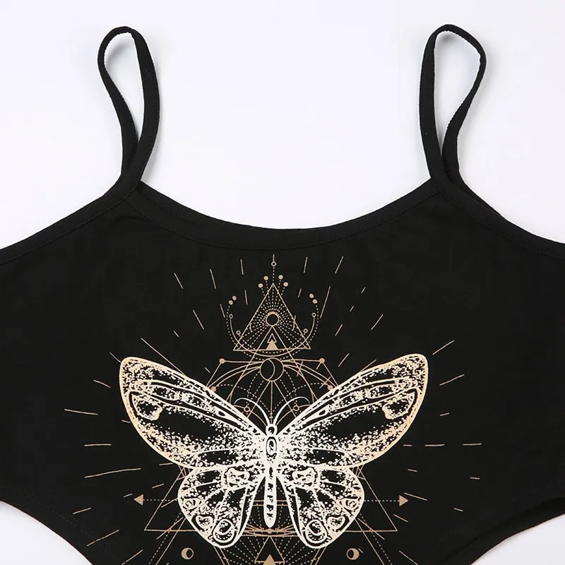 Black Butterfly Printed Halter Sleeveless Bodysuit