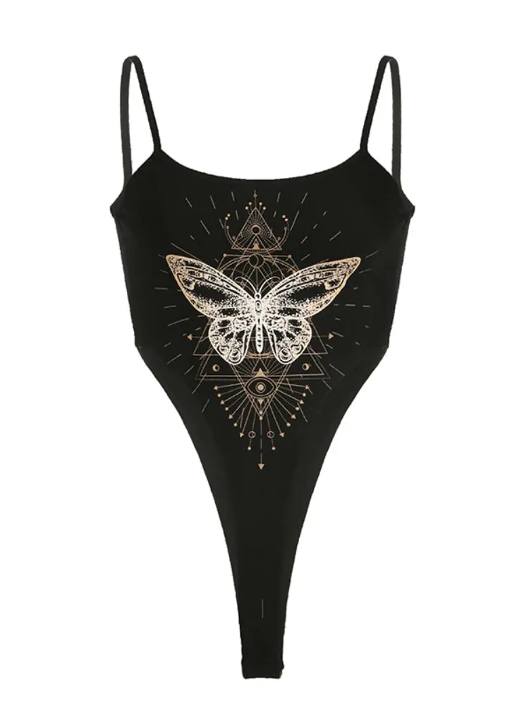 Black Butterfly Printed Halter Sleeveless Bodysuit