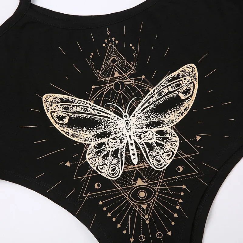 Black Butterfly Printed Halter Sleeveless Bodysuit