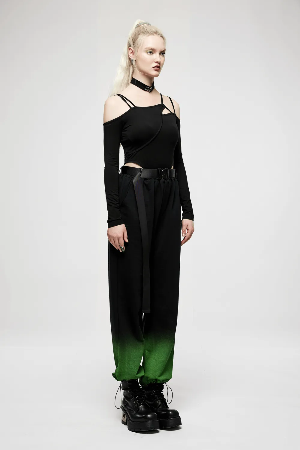 Black Choker Neck Asymmetric Long Sleeves Bodysuit