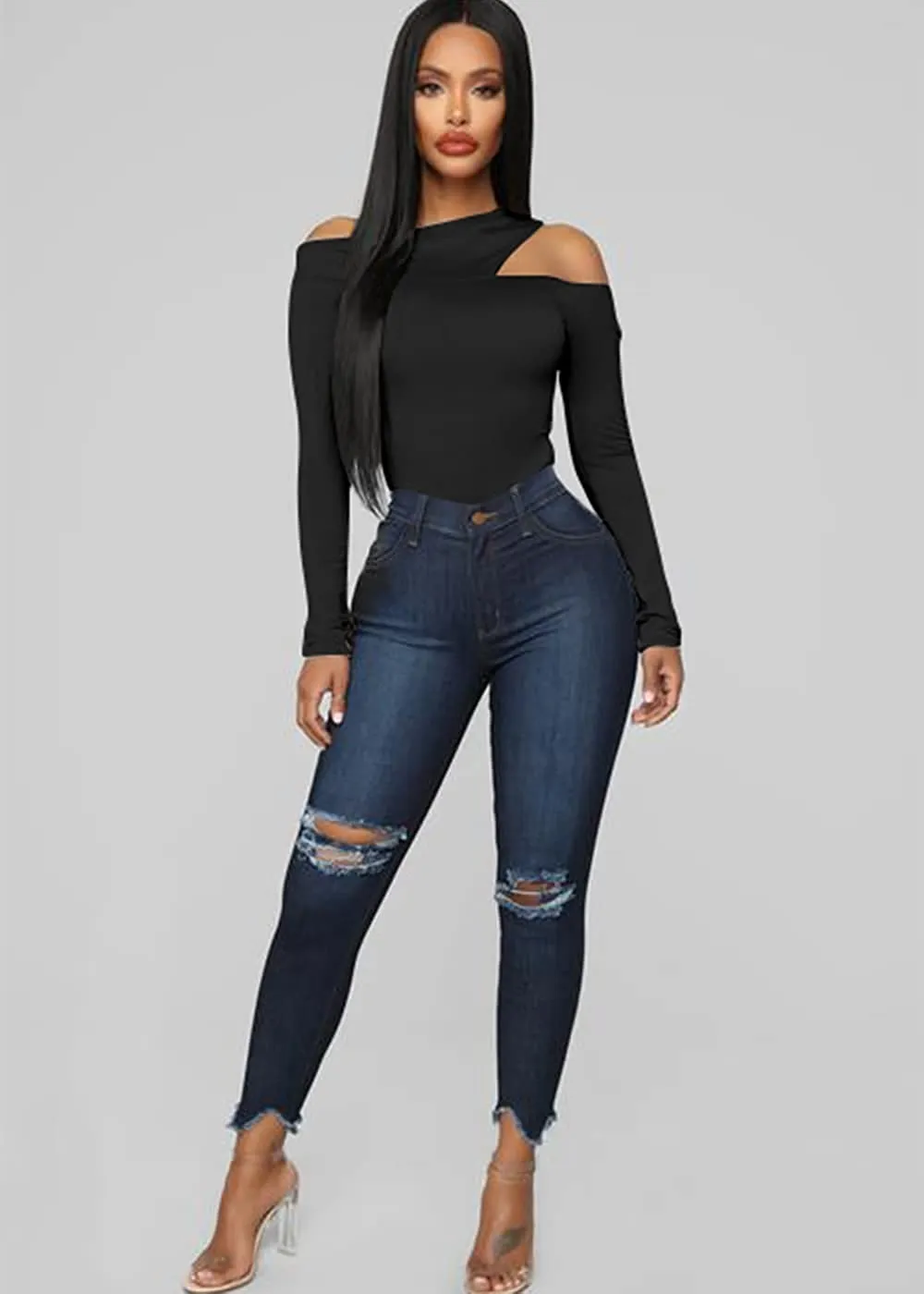 Black Cold Shoulder Cut Out Tank Bodysuit Top