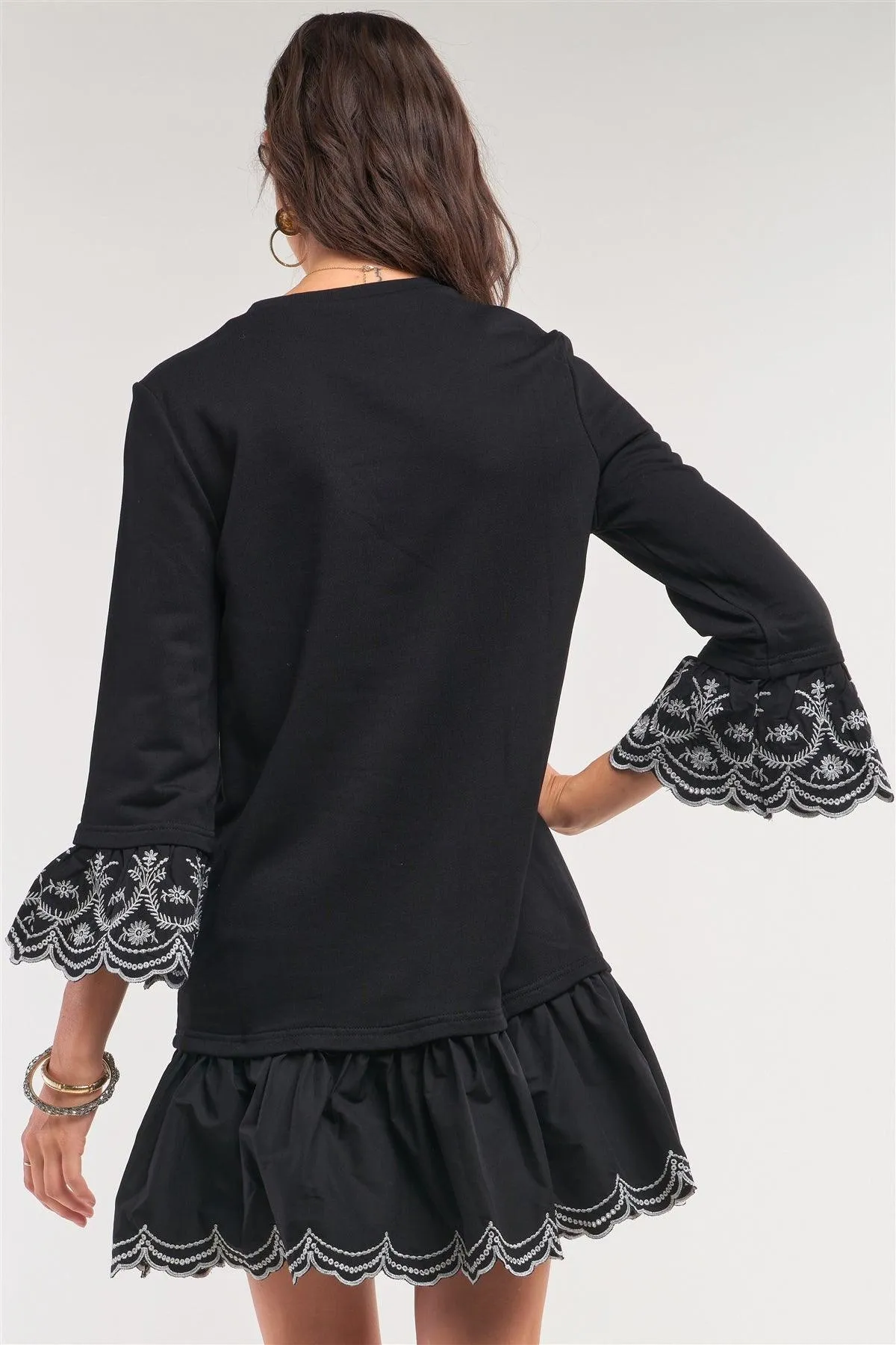 Black Crochet Embroidery Drop Waist Scallop Hem Flare Skirt Detail Long Sleeve Mini Sweater Dress /1-2-2-1