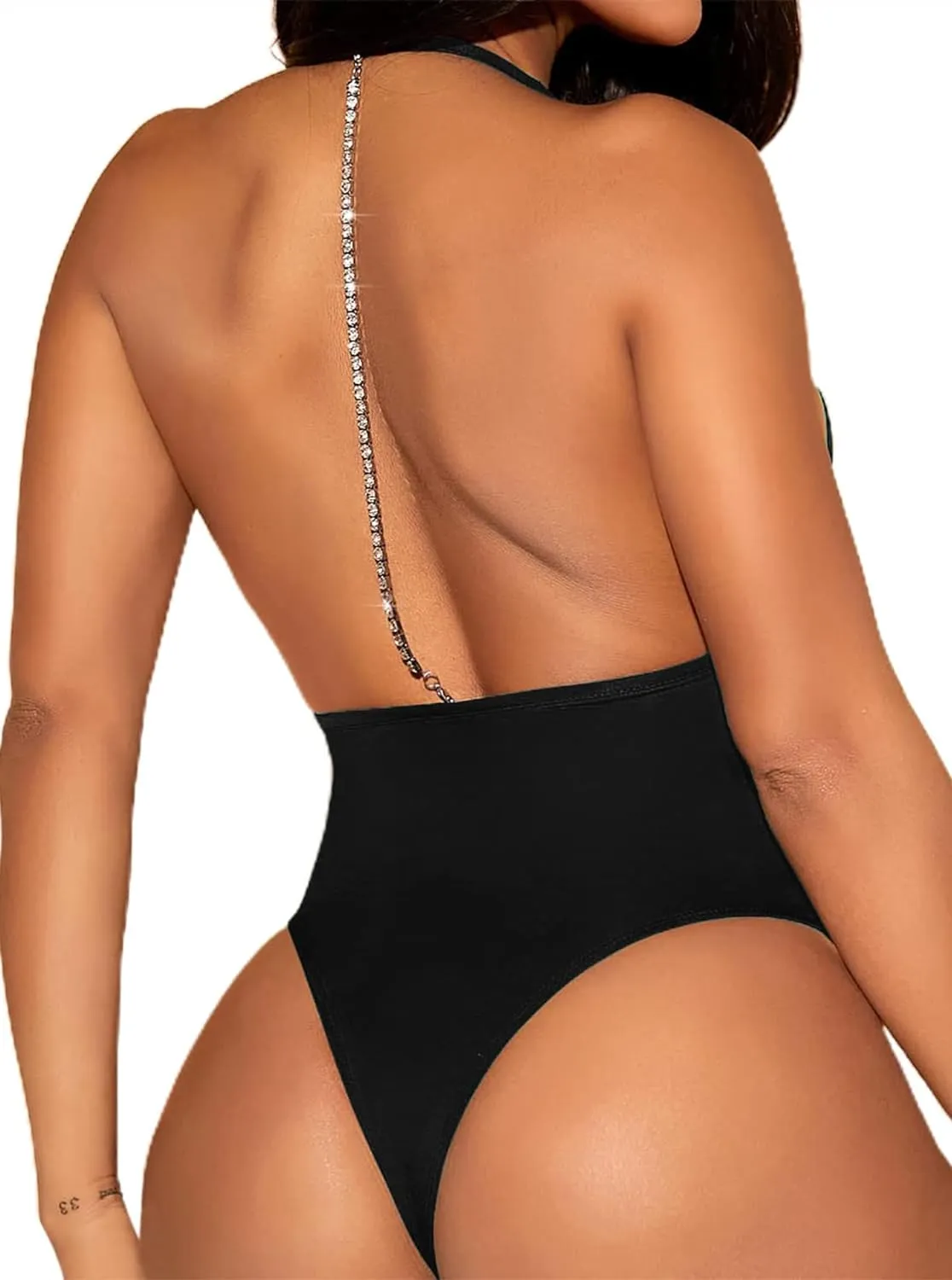 Black Halter Rhinestone Backless Bodysuit