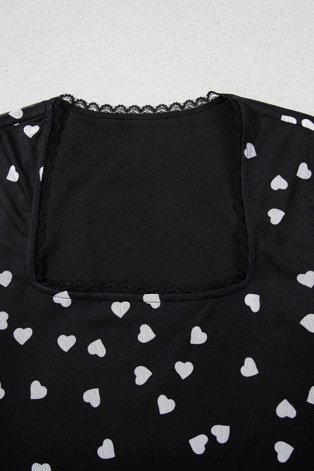 Black Heart Print Mesh Square Neck Slim Fit Bodysuit
