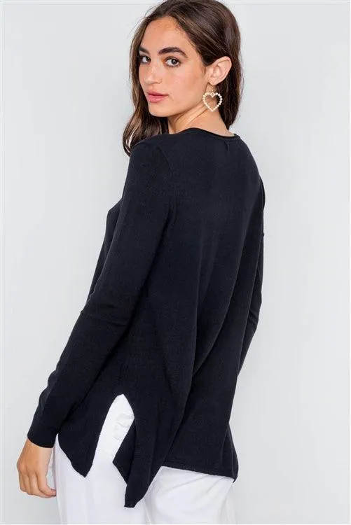 Black Knit V-Neck Solid Long Sleeve Lightweight Sweater