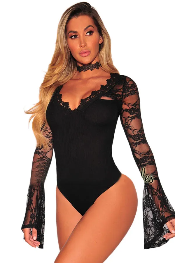 Black Lace Bell Sleeves Bodysuit