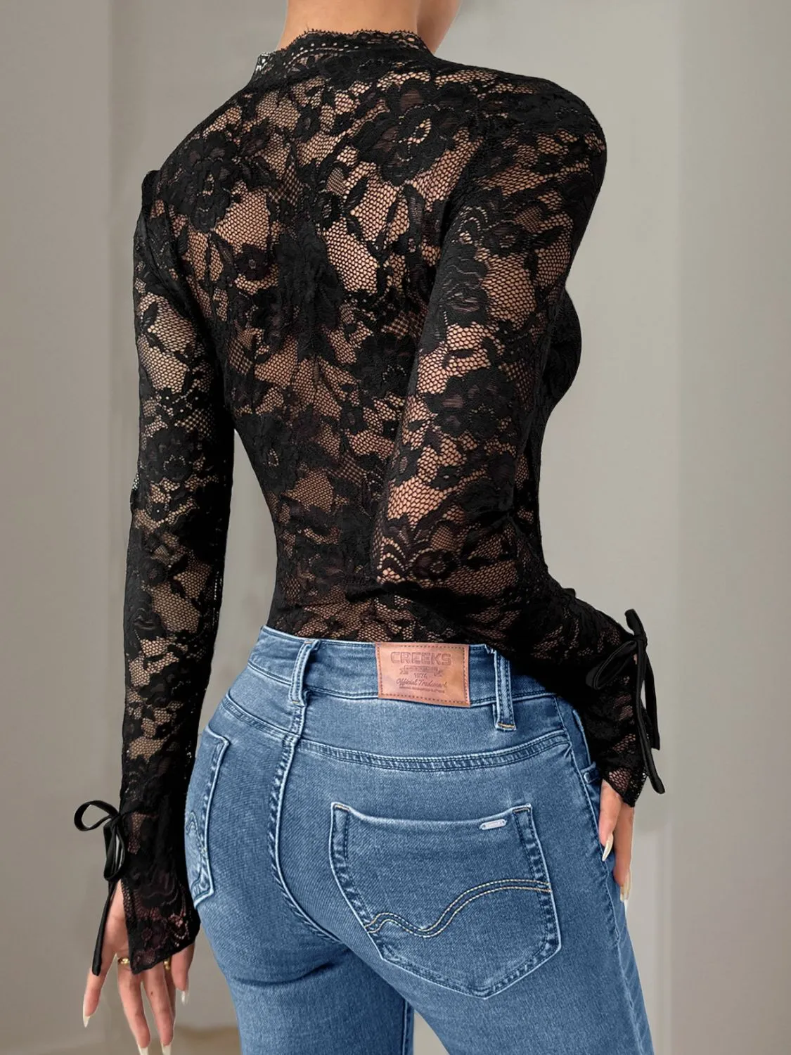 Black Lace V-Neck Long Sleeve Bodysuit