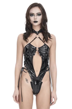 Black Ladies Vinyl Lace-Up Strappy Bodysuit with Choker