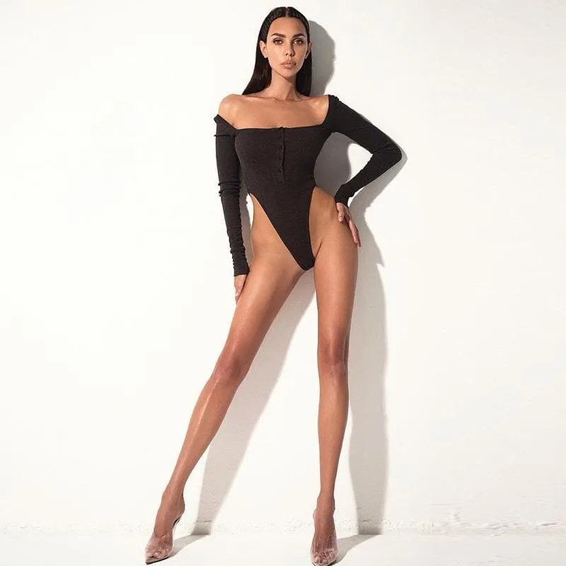 Black long sleeve off shoulder square neck bodysuit