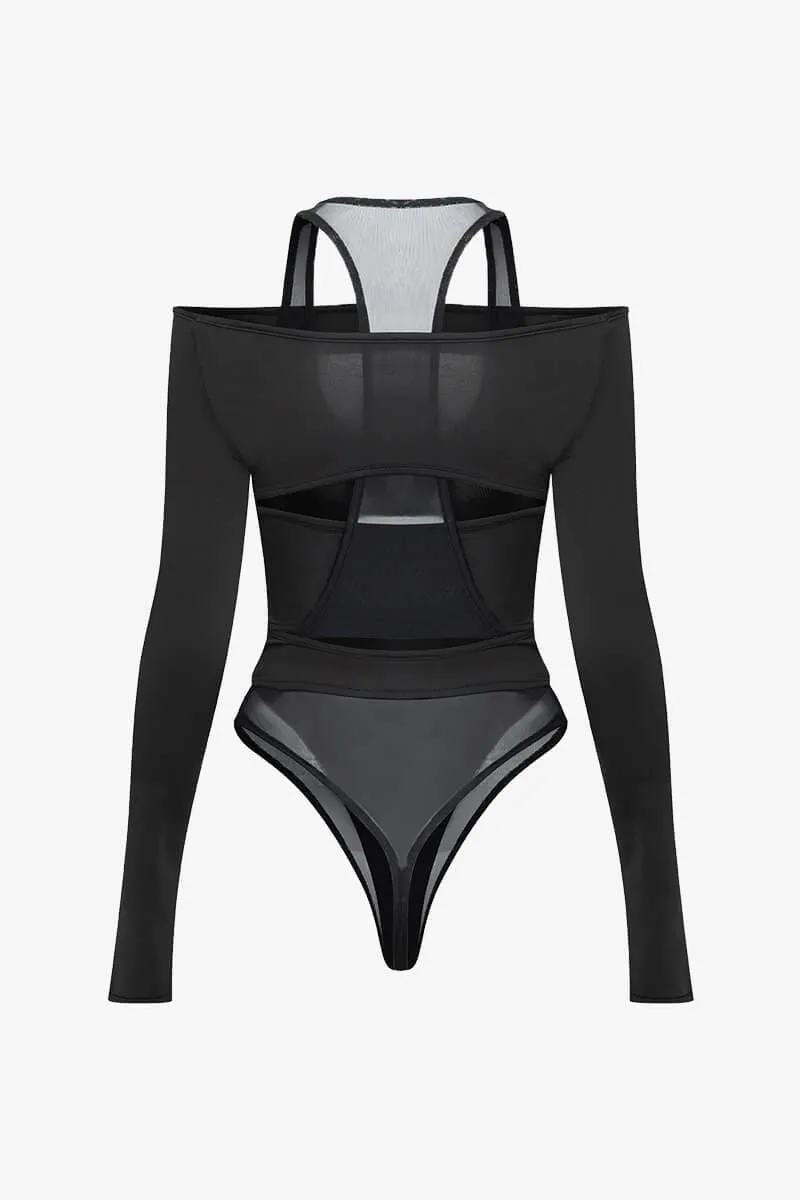 Black Off Shoulder Cutout Mesh Bodysuit