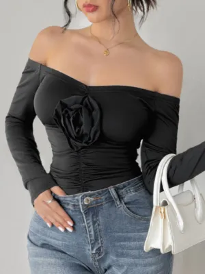 Black Off-Shoulder Floral Bodysuit for Night Out