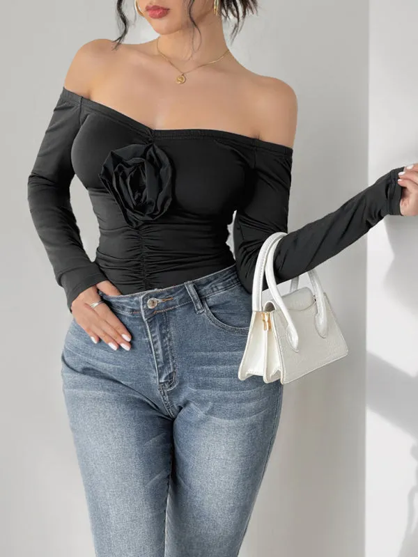 Black Off-Shoulder Floral Bodysuit for Night Out