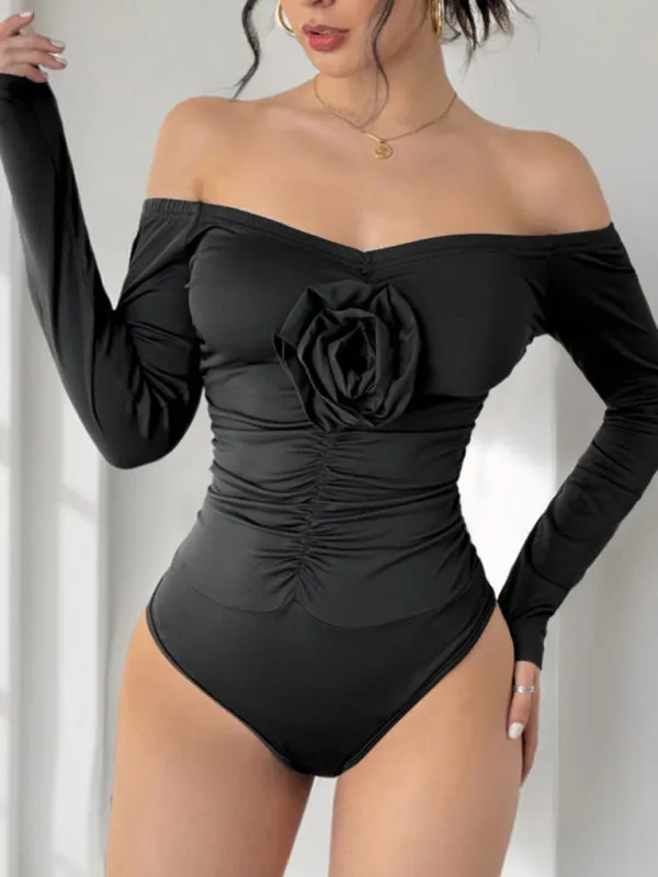 Black Off-Shoulder Floral Bodysuit for Night Out