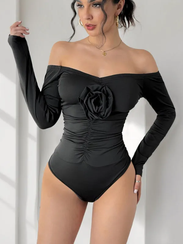 Black Off-Shoulder Floral Bodysuit for Night Out