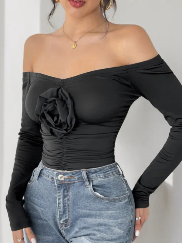 Black Off-Shoulder Floral Bodysuit for Night Out