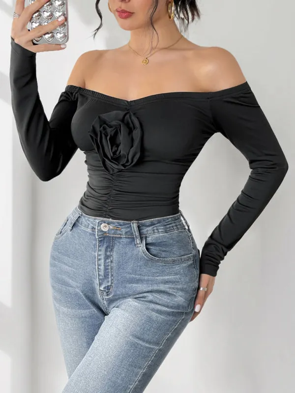 Black Off-Shoulder Floral Bodysuit for Night Out