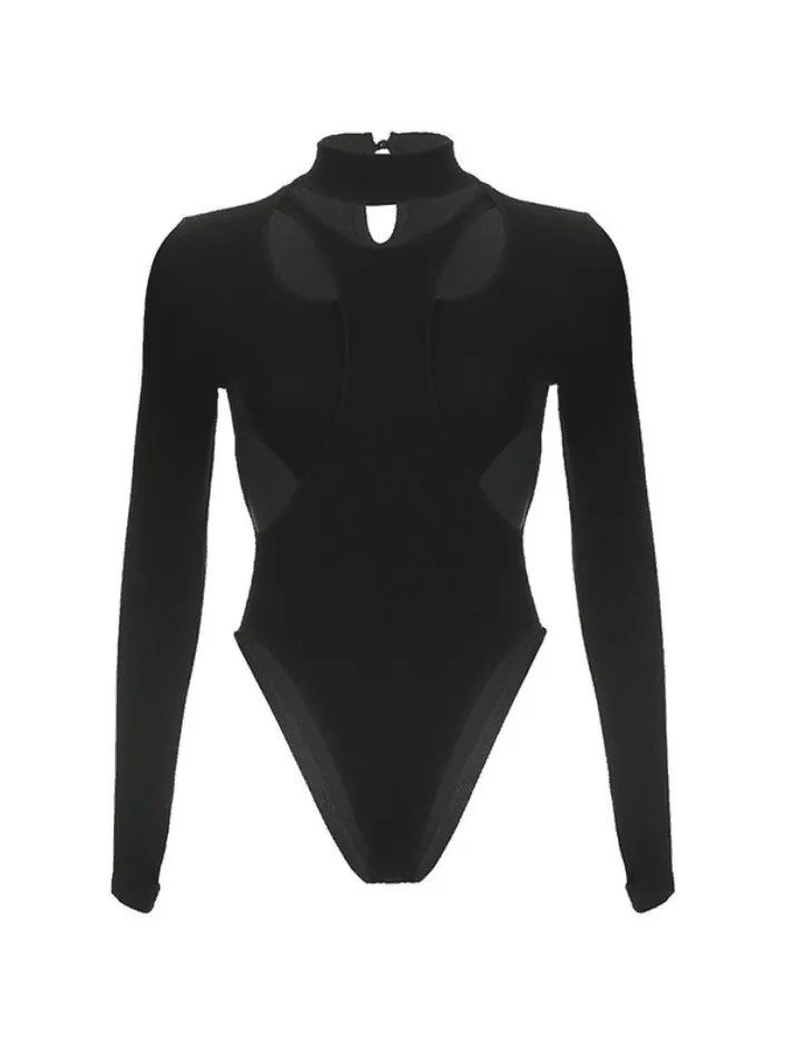 Black Patchwork Cutout Long Sleeve Bodysuit