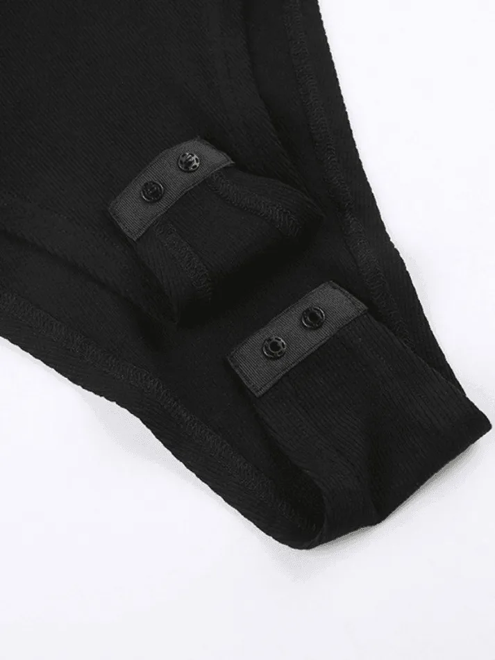 Black Patchwork Cutout Long Sleeve Bodysuit