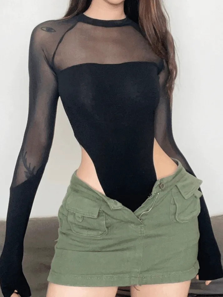 Black Patchwork Mesh Long Sleeve Bodysuit