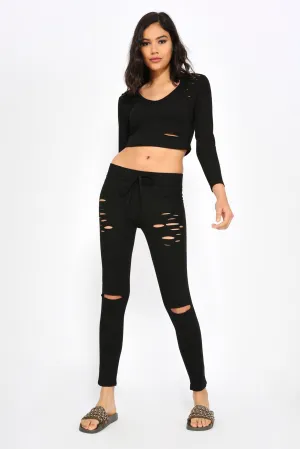 Black Ripped Fitted Jogging Bottoms