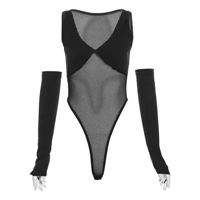 Black See Through Patchwork Mesh Bodysuit