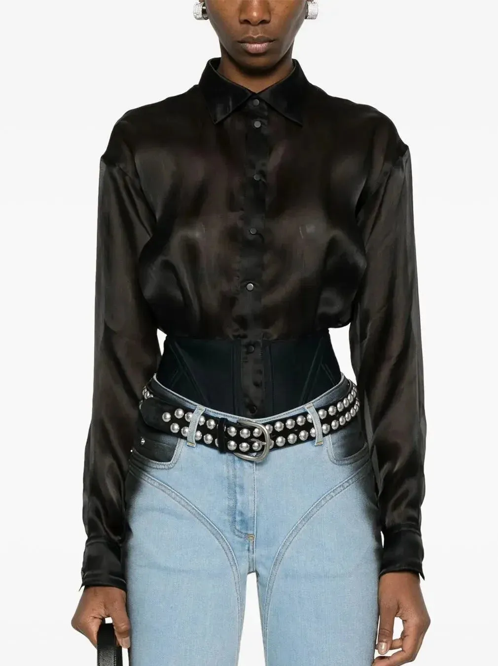 Black Semi-Sheer Shirt Bodysuit