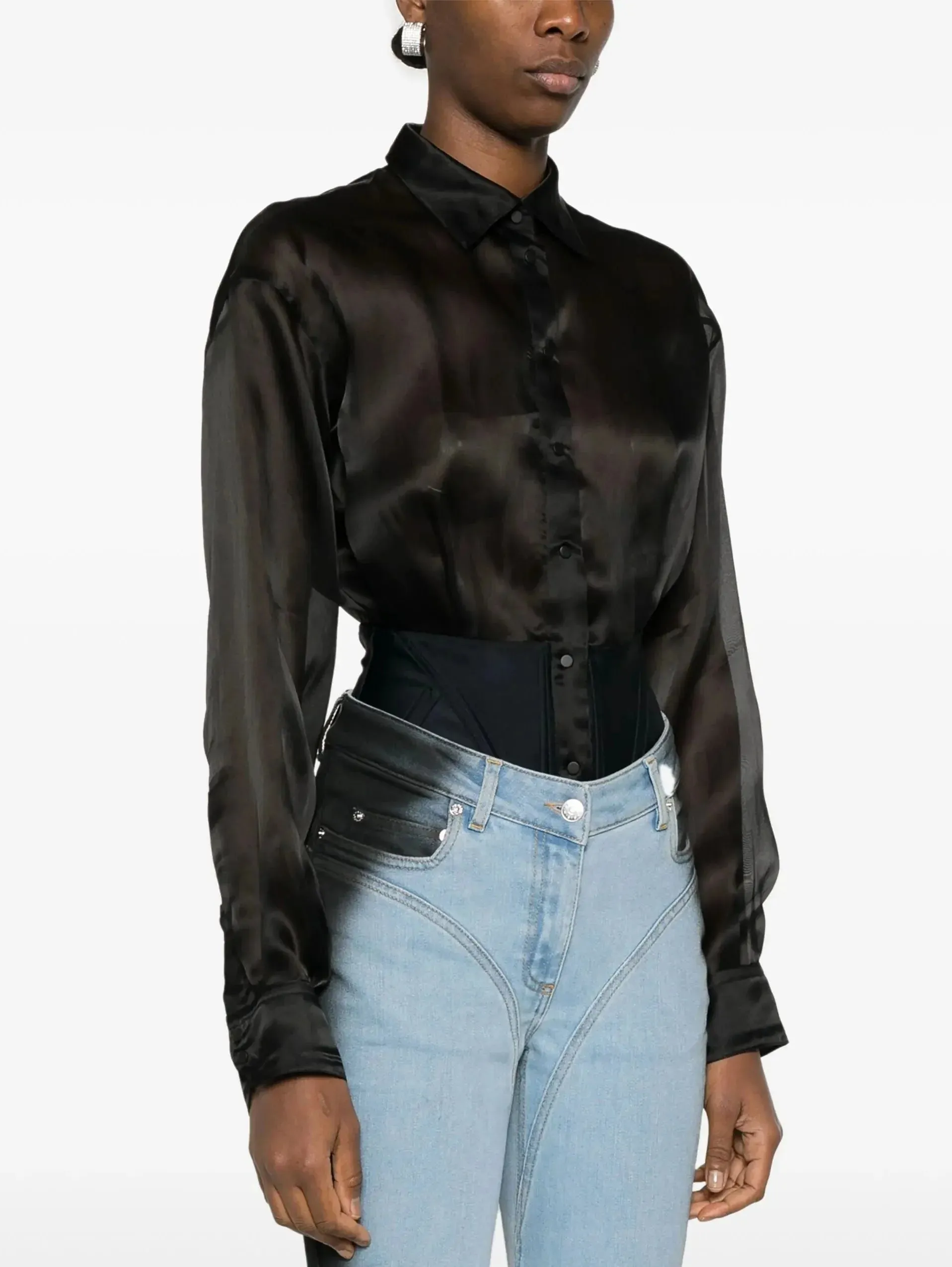 Black Semi-Sheer Shirt Bodysuit