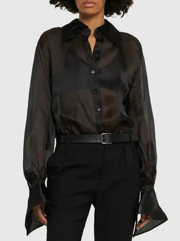 Black Semi-Sheer Shirt Bodysuit